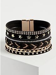 Plus Size Magnetic Bracelet Cuff - Black & Gold Tone, SILVER, hi-res