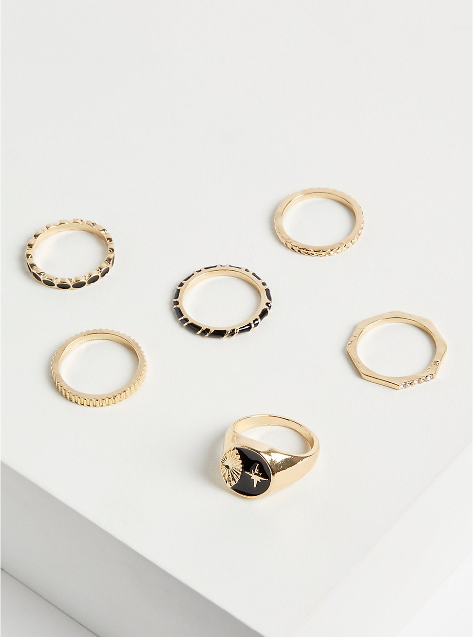 Plus Size Signet Ring Set of 6 - Black & Gold Tone, GOLD, hi-res