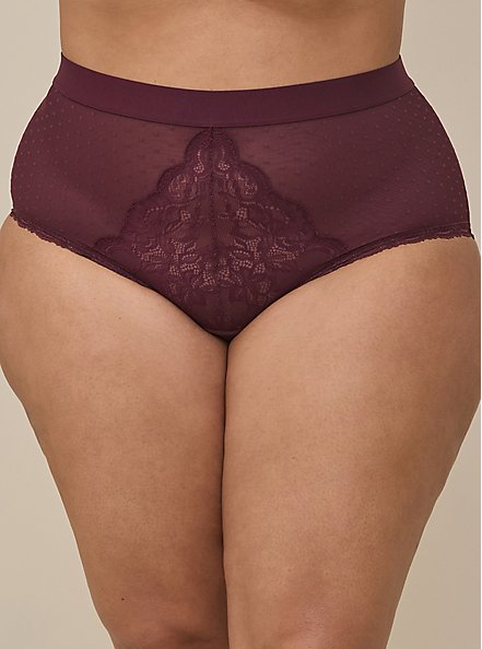 Dot and Lace Brief Panty with Keyhole Back, WINETASTING, alternate