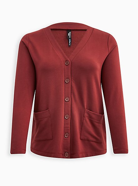 Plus Size Button Up Sleep Cardigan - Dream Fleece Brick Red, MADDER BROWN, hi-res