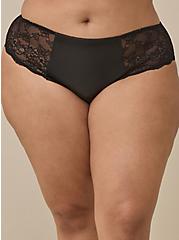 Plus Size Faux Leather & Lace Mid Rise Hipster Panty, RICH BLACK, alternate