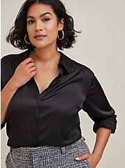 Plus Size Madison Satin Button Up Long Sleeve Shirt, DEEP BLACK, hi-res
