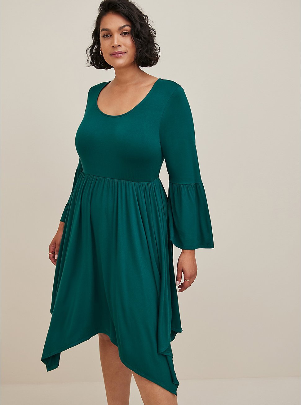 Plus Size Midi Supersoft Bell Sleeve Hanky Dress, GREEN, hi-res