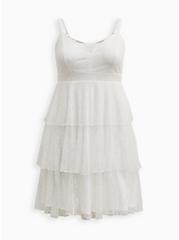 Mini Stretch Lace V Neck Tiered Flare Dress, CLOUD DANCER, hi-res