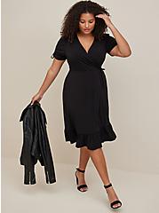 Plus Size Midi Studio Knit Wrap Dress, DEEP BLACK, alternate