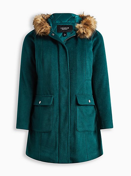 Wool Zip Front Faux Fur Trim Coat, BOTANICAL GREEN, hi-res