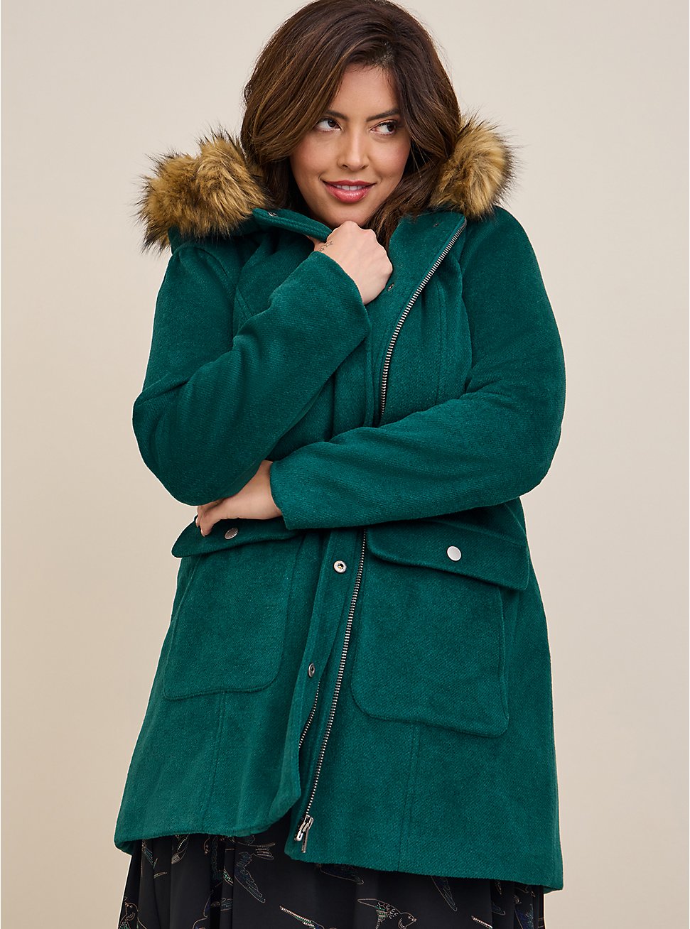 Wool Zip Front Faux Fur Trim Coat, BOTANICAL GREEN, hi-res