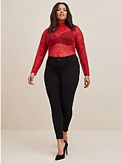Sheer Lace Mock Neck Long Sleeve Top, RED, alternate