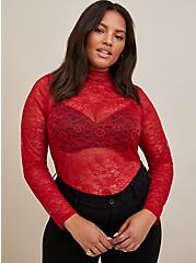 Sheer Lace Mock Neck Long Sleeve Top, RED, hi-res