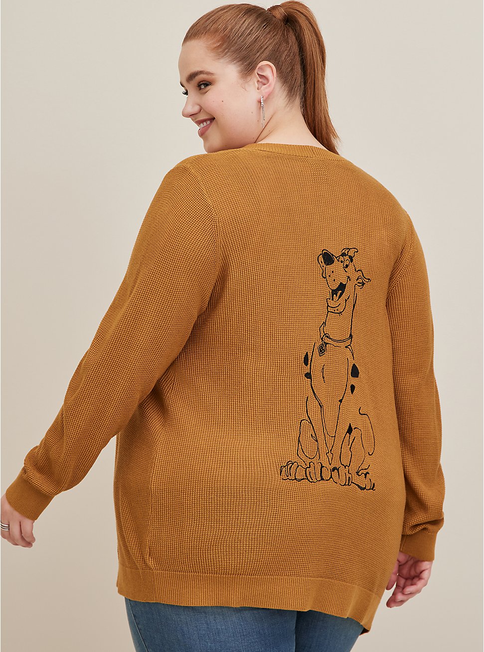 Plus Size Scooby Doo Scooby Cardigan Open Front Sweater, BROWN, hi-res