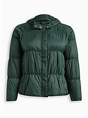Nylon Hooded Puffer Jacket, GREEN, hi-res
