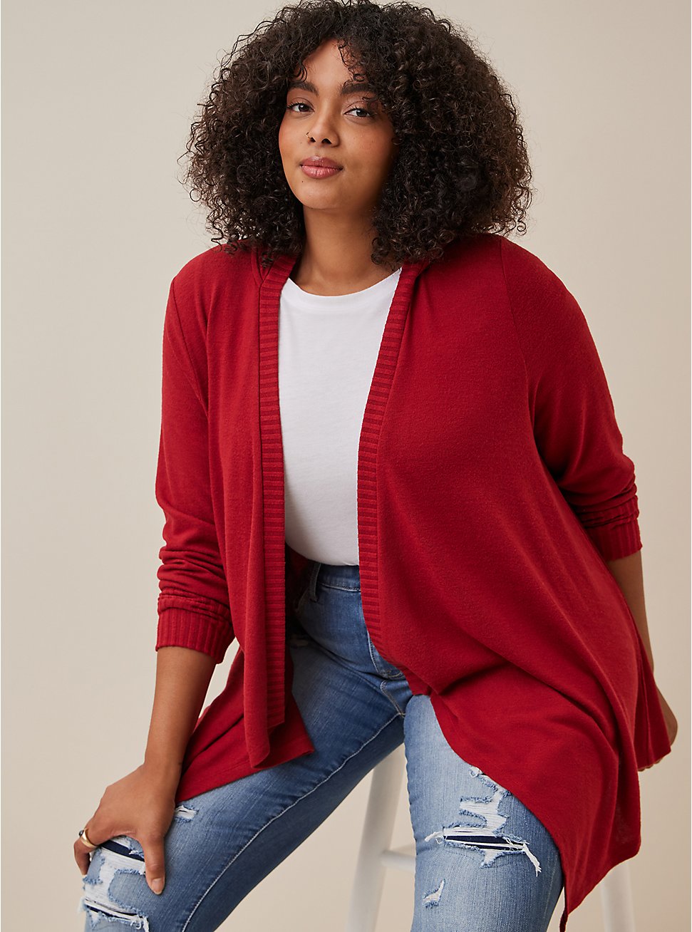 Plus Size Super Soft Plush Hooded Cardigan Open Front, RED, hi-res