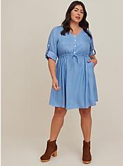 Button Front Shirt Dress - Chambray Blue, CHAMBRAY, hi-res