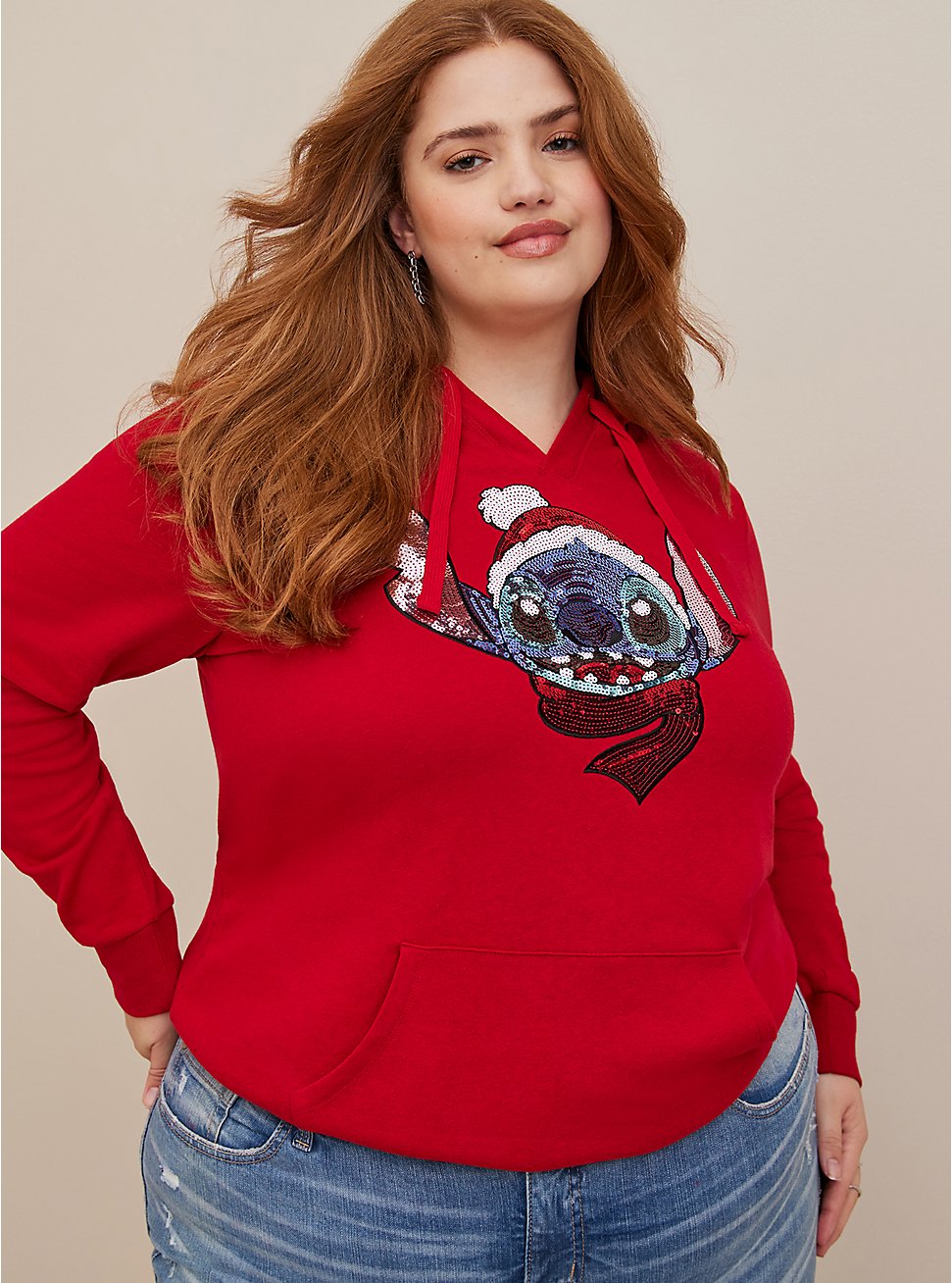 Disney Lilo & Stitch Cozy Fleece Hi-Low Sequin Detail Hoodie, RED, hi-res