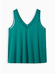 Studio Crepe Jersey Lace Inset Double V-Neck Tank , GREEN, hi-res