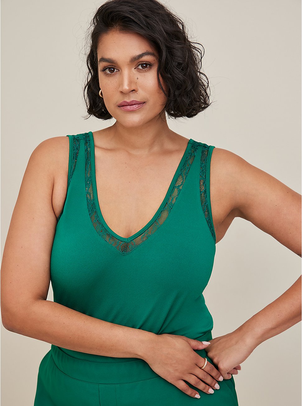 Studio Crepe Jersey Lace Inset Double V-Neck Tank , GREEN, hi-res