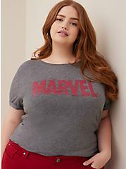 Marvel Logo Cotton Crew Neck Roll Sleeve Top, GREY, hi-res