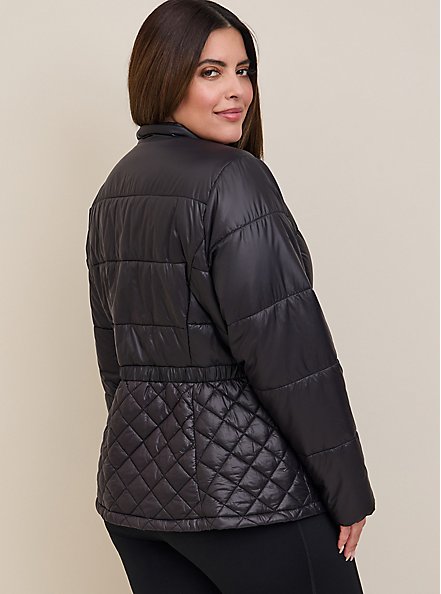 Nylon Quilted Peplum Puffer Jacket, DEEP BLACK, alternate