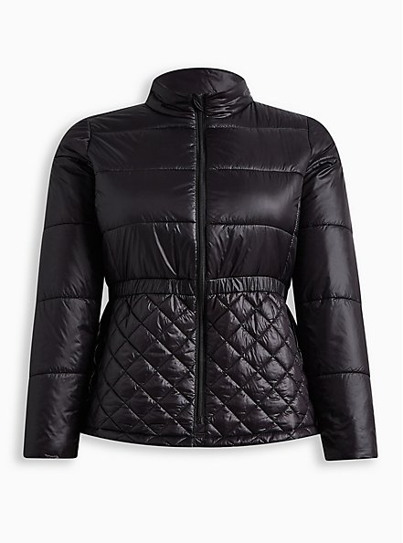 Nylon Quilted Peplum Puffer Jacket, DEEP BLACK, hi-res