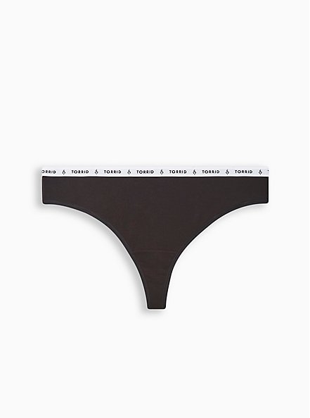 Cotton Mid-Rise Thong Logo Panty, RICH BLACK, hi-res