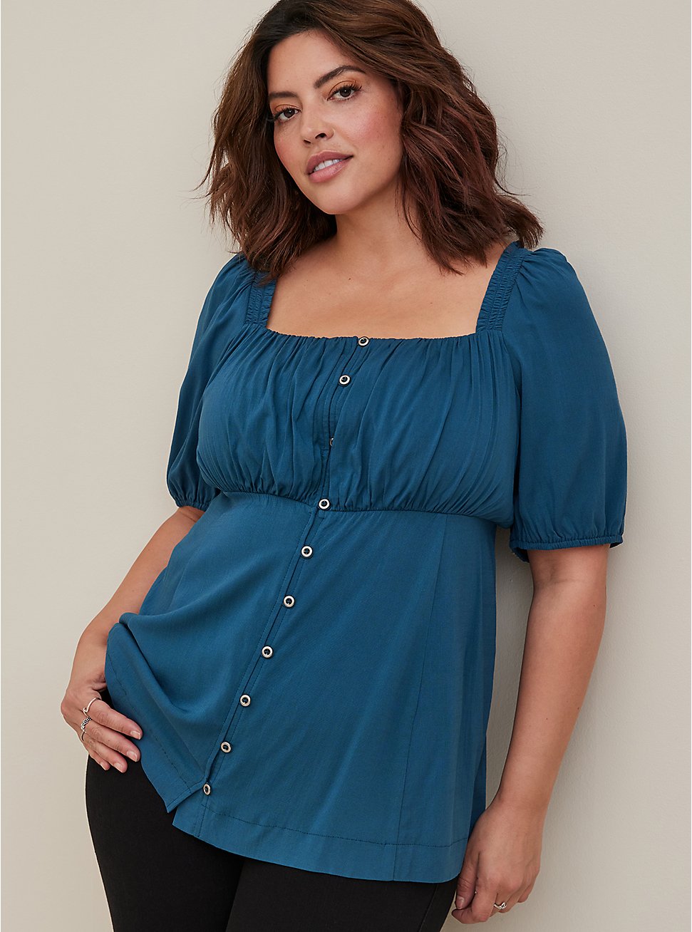 Plus Size Puff Sleeve Square Neck Babydoll - Teal , LEGION BLUE, hi-res