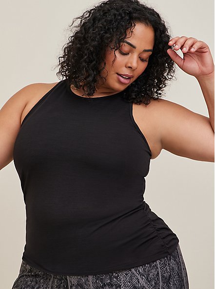 Plus Size Knit Side Ruched Crew Neck Sleeveless Active Tank, DEEP BLACK, hi-res