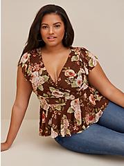 Stretch Mesh Surplice Ruffle Sleeve Top, MULTI FLORAL, hi-res