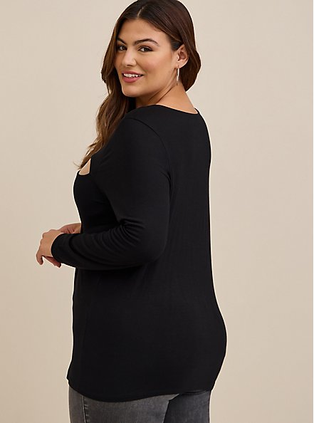 Plus Size Super Soft O-Ring Detail And Cutouts Long Sleeve Top, DEEP BLACK, alternate