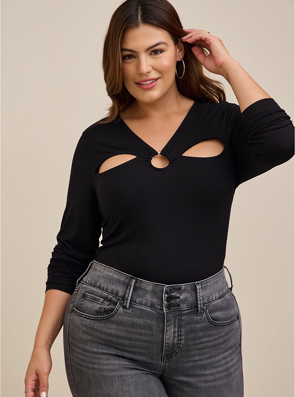 Plus Size Super Soft O-Ring Detail And Cutouts Long Sleeve Top, DEEP BLACK, hi-res