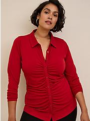 Plus Size Studio Knit Shirred Front Button-Front Shirt, RED, hi-res