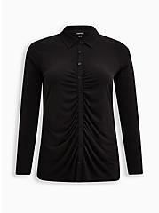 Plus Size Studio Knit Shirred Front Button-Front Shirt, DEEP BLACK, hi-res