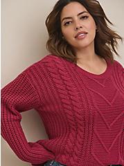 Cable Pullover Tie Back Sweater, RED, alternate