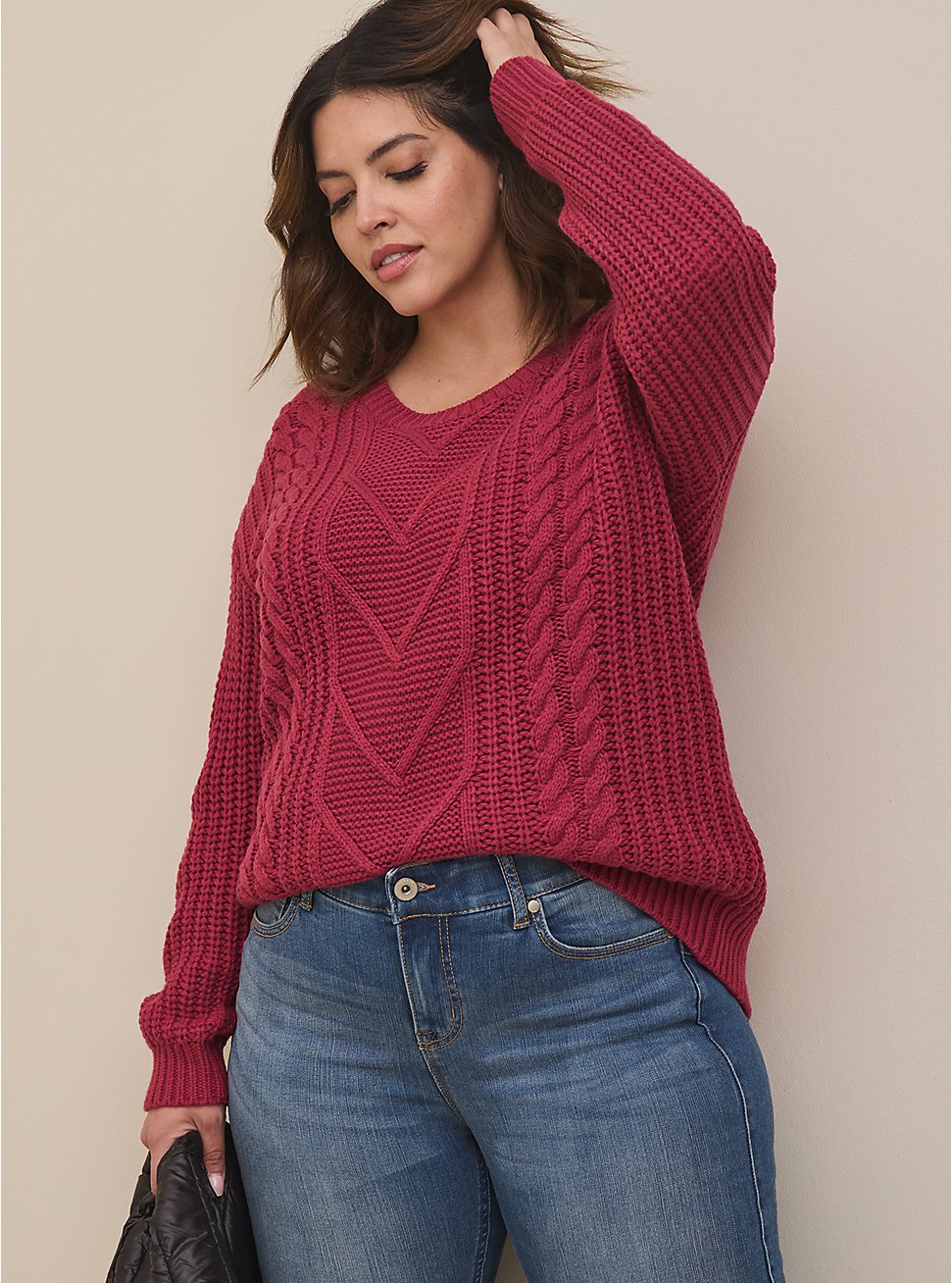 Cable Pullover Tie Back Sweater, RED, hi-res