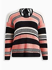 Plus Size Cable Pullover Tie Back Sweater, MULTI STRIPE, hi-res