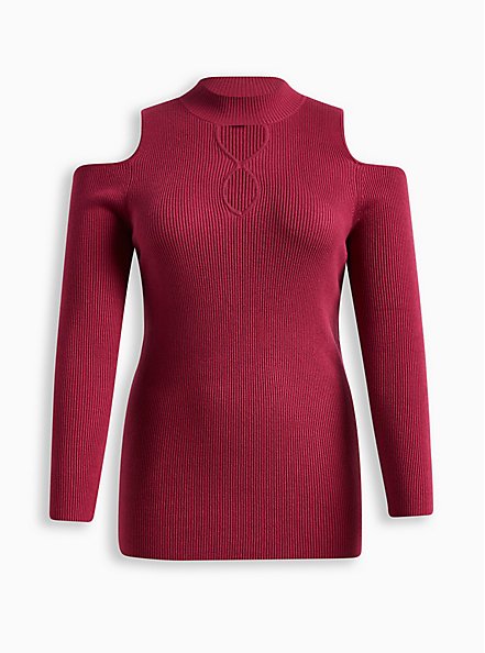 Pullover Mock Neck Cold Shoulder Fitted Sweater, RED, hi-res