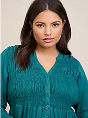 Rayon Twill Smocked Button-Front Tunic Top, PACIFIC BLUE, alternate