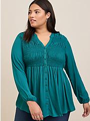 Rayon Twill Smocked Button-Front Tunic Top, PACIFIC BLUE, hi-res