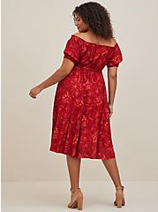 Midi Rayon Twill Off Shoulder Peasant Dress, FLORAL RED, alternate