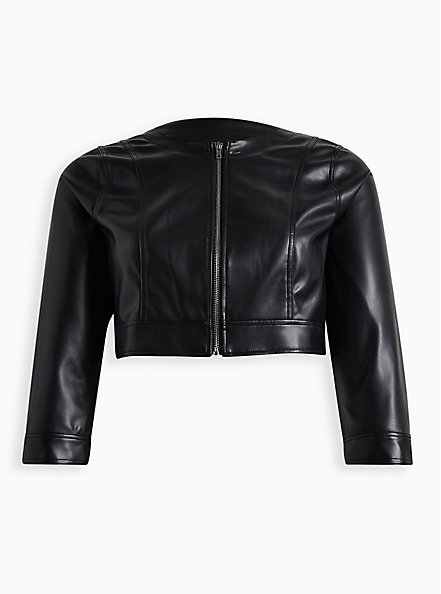 Faux Leather Collarless Crop Zip Front Jacket, DEEP BLACK, hi-res