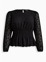 Plus Size Crinkle Chiffon With Star Smocked Waist Puff Sleeve Top, DEEP BLACK, hi-res
