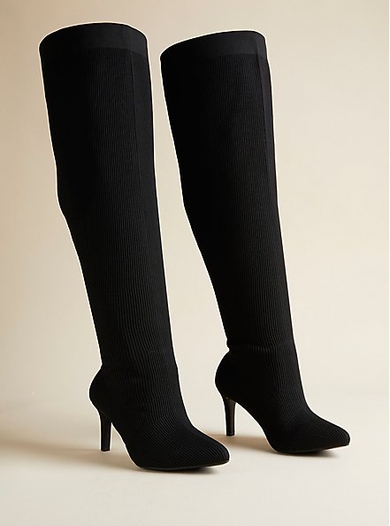 Knit Stiletto Over The Knee Boot (WW), BLACK, hi-res