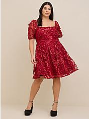 Mini Textured Mesh Puff Sleeve Skater Dress, RED, alternate