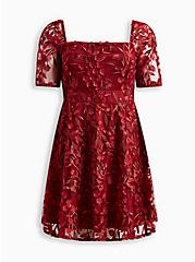 Mini Textured Mesh Puff Sleeve Skater Dress, RED, hi-res