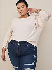 Plus Size Classic Fit Super Soft Plush With Lace Sleeves Sweatshirt, IVORY, hi-res