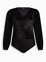 Stretch Velvet V-Neck Long Sleeve Bodysuit, DEEP BLACK, hi-res