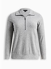 Plus Size Relaxed Fit Super Soft Plush Rib Quarter Zip Sweatshirt, GREY, hi-res