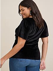 Plus Size Stretch Velvet Shirred-Front Flutter Sleeve Top, DEEP BLACK, alternate