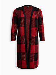Plus Size Duster Open Front Sweater , RED BLACK, hi-res
