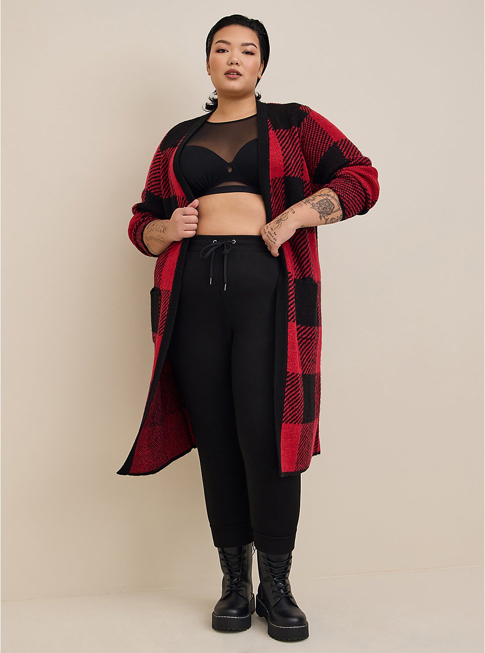 Plus Size Duster Open Front Sweater , RED BLACK, hi-res