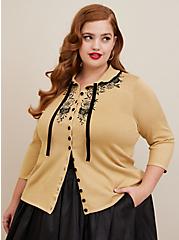 Plus Size Cardigan Button Front Collared Sweater, TAN BEIGE, hi-res